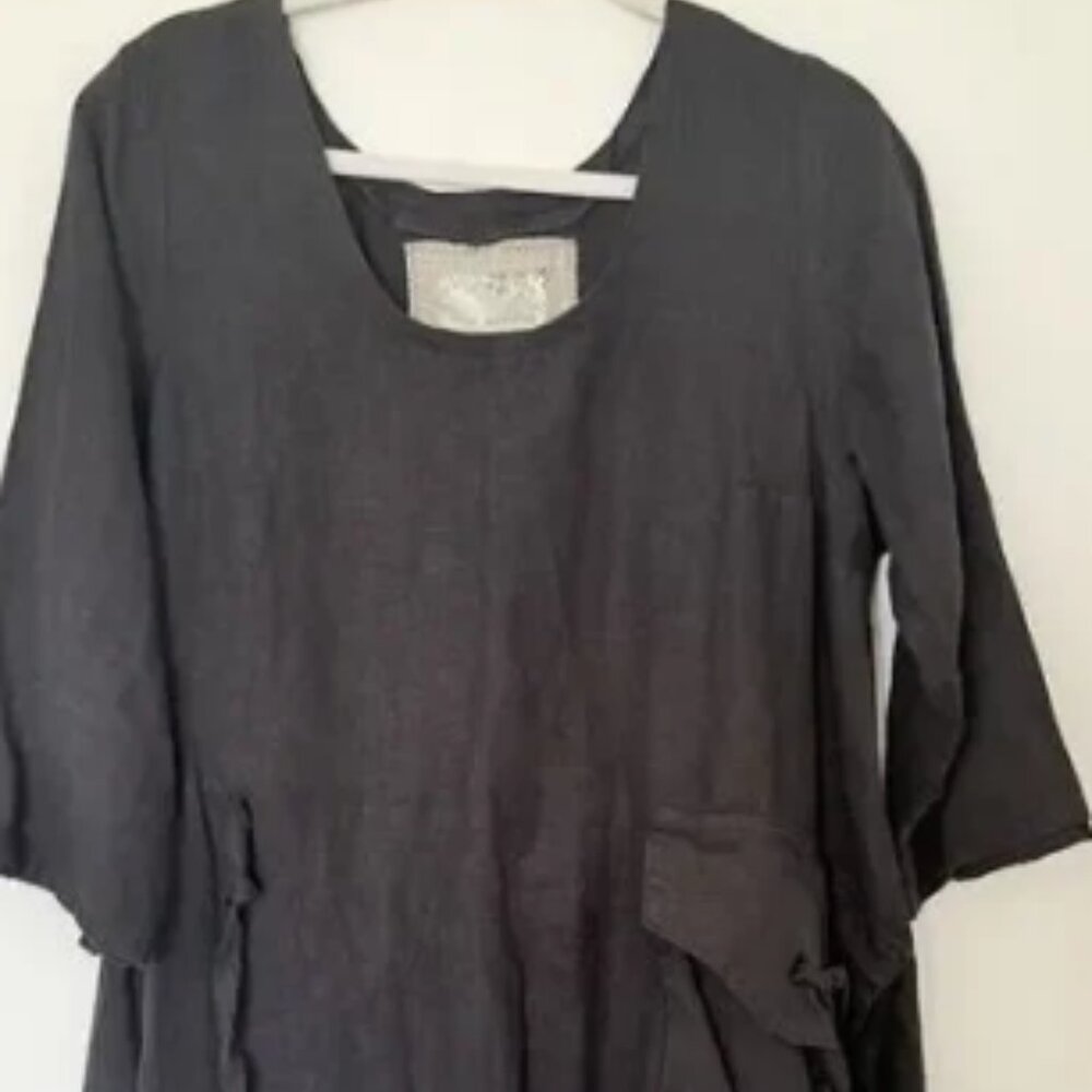 Tina Givens Black Linen Lagenlook 3/4 Sleeves Front Packet Tunic Dress Sz XL